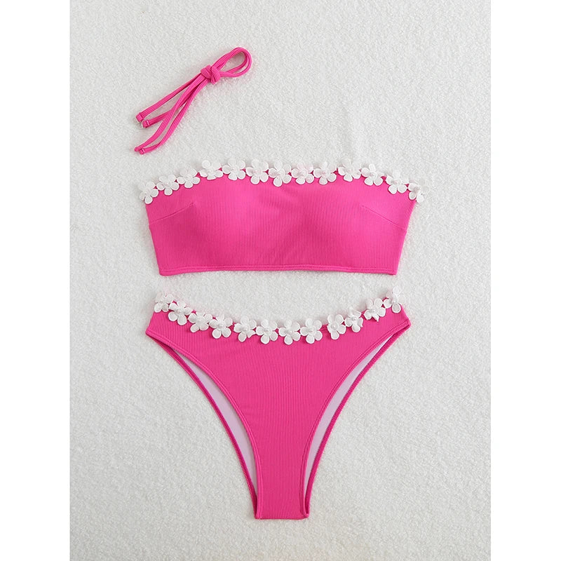 Sexy Solid Floral Strapless Bikini 2 Piece Set Women Split Swimsuit Beach Bikinis 2025 New Summer Swimwear Bikinis Set - Sun Studio