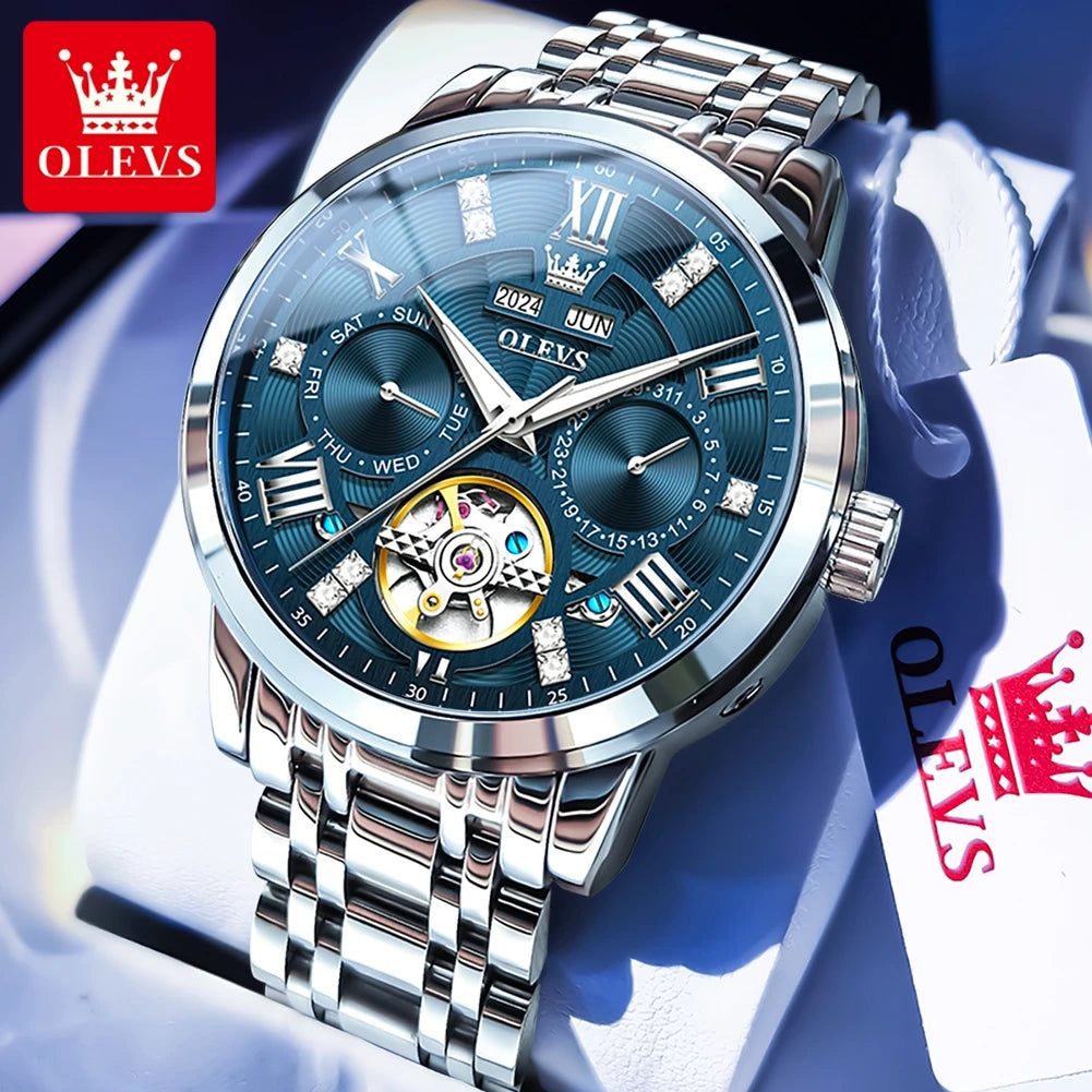 OLEVS 6701 Top Original Automatic Watch for Men Stainless Steel Hollow Skeleton Mechanical Watch Waterproof Business Wristwatch - Sun Studio