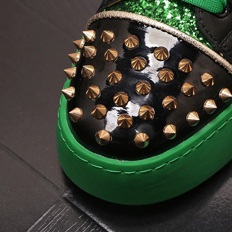 Winter High Tops For Men Rivet Sequin Everyday All Match Patent Leather Casual Shoes Male Flats Loafers Sports Walking Sneakers - Sun Studio