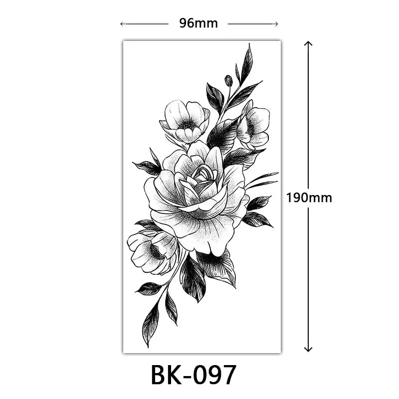 Rosenblüten-Tattoo Temporäres wasserdichtes Schmetterlings-Fake-Tattoo für Frauen Schwarzes Blumen-Skizzen-Tattoo-Aufkleber