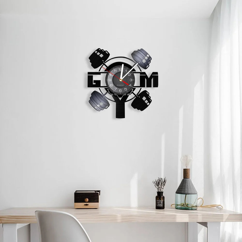 Fitness Equipment Theme Vinyl Record Fitness Wall Clock Home Decoration LED Backlight Modern Fitness Watch - Sun Studio
