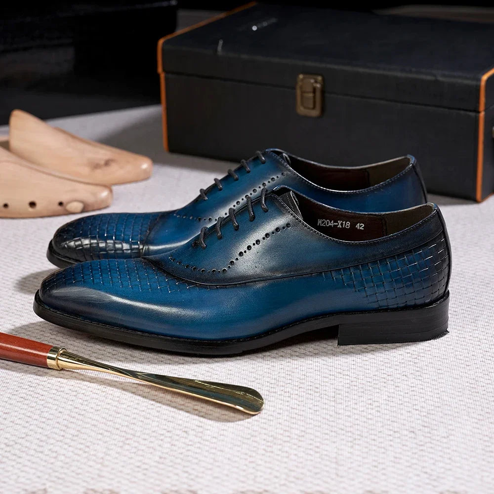Men's Genuine Leather Oxfords Fashion Pointed Toe Wedding Party Dress Shoes Luxury Lace-Up Office Career Formal - Sun Studio
