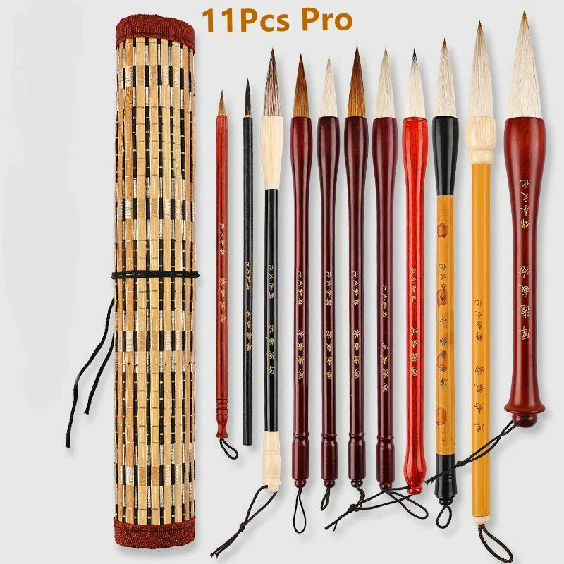 7/11Pcs Chinese Calligraphy Brush Set Kanji Japanese Sumi Painting Drawing Artist Writing Brushes With Roll-up Bamboo Pen Bag - Sun Studio