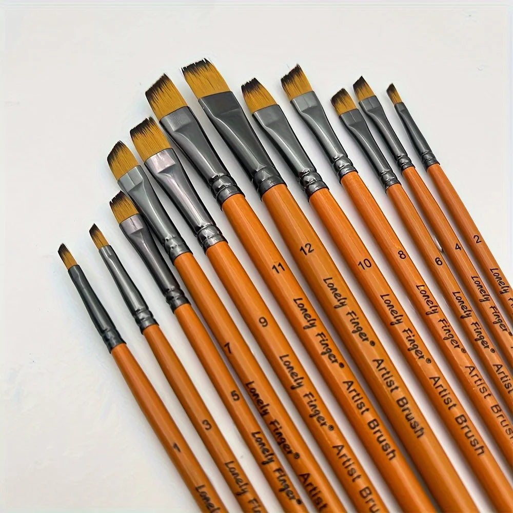 12pcs Premium Angular Paint Brushes - High-Quality Nylon Hair Angled Watercolor Brushes for Acrylics, Watercolors, Gouache - Sun Studio
