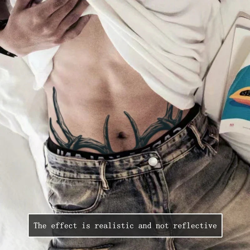 A Pair of Antler Herbal Juice Tattoo Stickers Abdomen Waterproof Semi-permanent Fake Tattoos Men Women Personality Faux Tatouage - Sun Studio