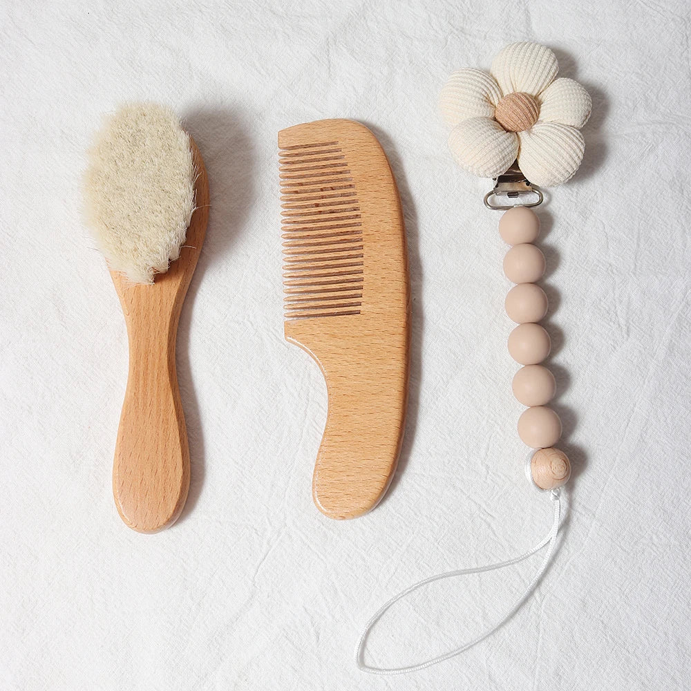 baby comb brush set newborn gift set Natural Wool beech Wooden Comb baby bib pacifier clip  Kids  Baby Hair Brush - Sun Studio