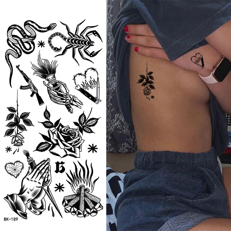 Schwarz Weiß Temporäre Transfer Tattoos Florale Schmetterlinge Schriftzüge Linienkunst Wasserfeste Körperaufkleber für Musikfestival Party