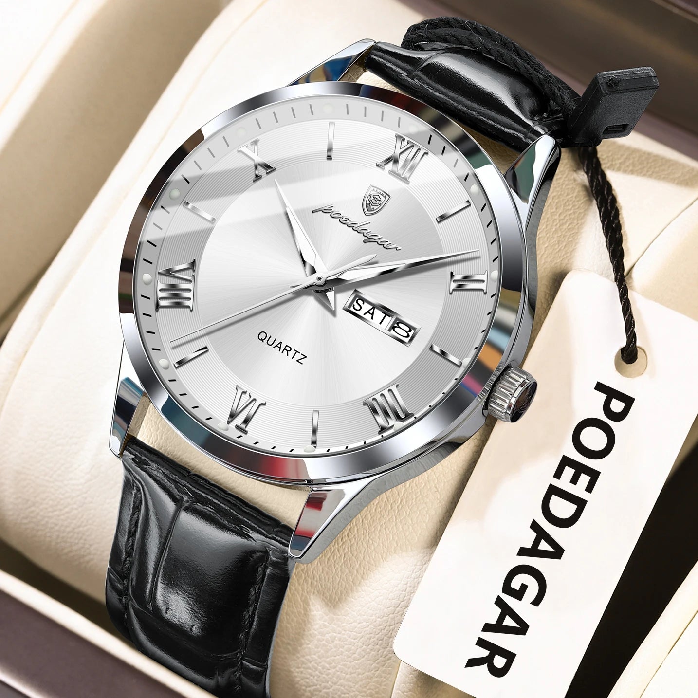 POEDAGAR Classic Luxury Men's Wristwatch Date Week Leather Business Man Watch Waterproof Luminous Fashion Quartz Watches For Men - Sun Studio