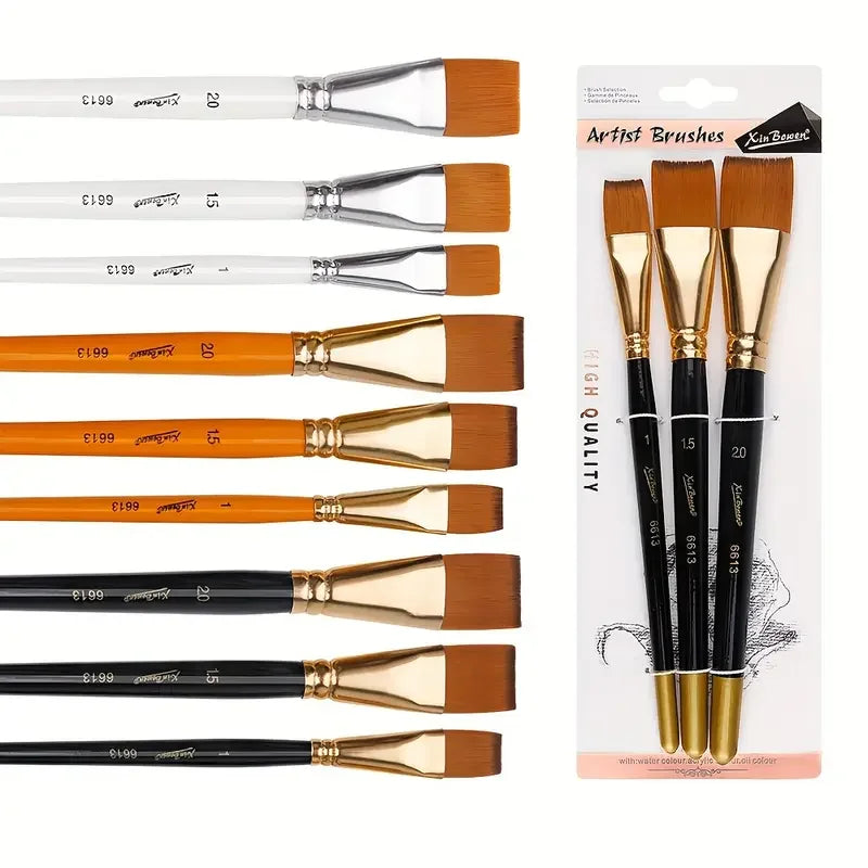 3pcs/Set Oil Painting Brushes-Wooden Mini Flat Nylon Paint Brush Set,Watercolor Brush for Body Painting Brush,Acrylic Art Paint - Sun Studio