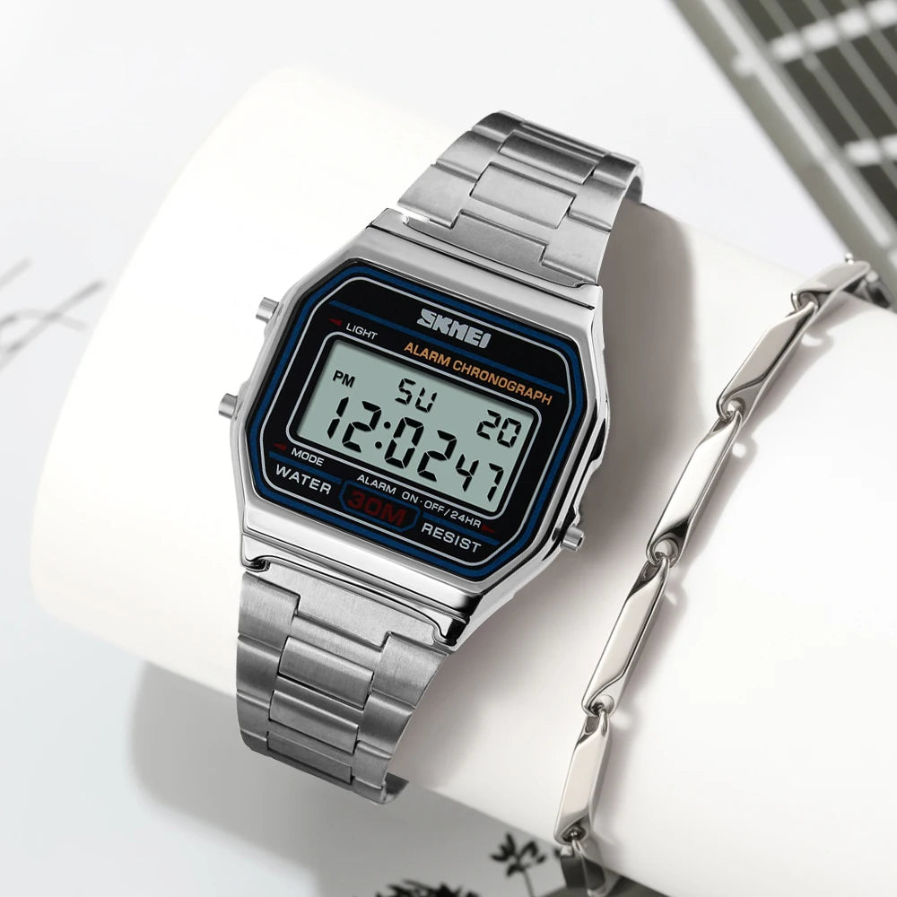 SKMEI Stainless Steel Strap Electronic Watches For Men Women Casual Sport Waterproof LED Display Digital Wristwatch and Bracelet - Sun Studio
