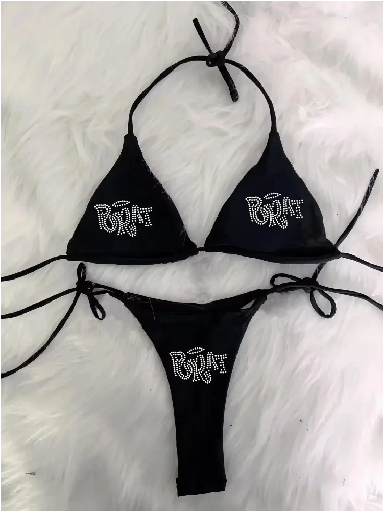 2000s Woman Punk New Beach Swimwear gothic clothes BRAT Rhinestone printing Grunge Swimsuit Bikini Y2K Bathing Suits Lace Up ﻿ - Sun Studio