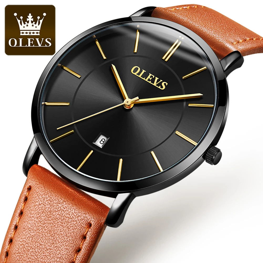 OLEVS 6.5mm Ultra Thin Quartz Watches Mens Top Brand Luxury Leather Waterproof Clock Male Classic Men Business Watch with Date - Sun Studio