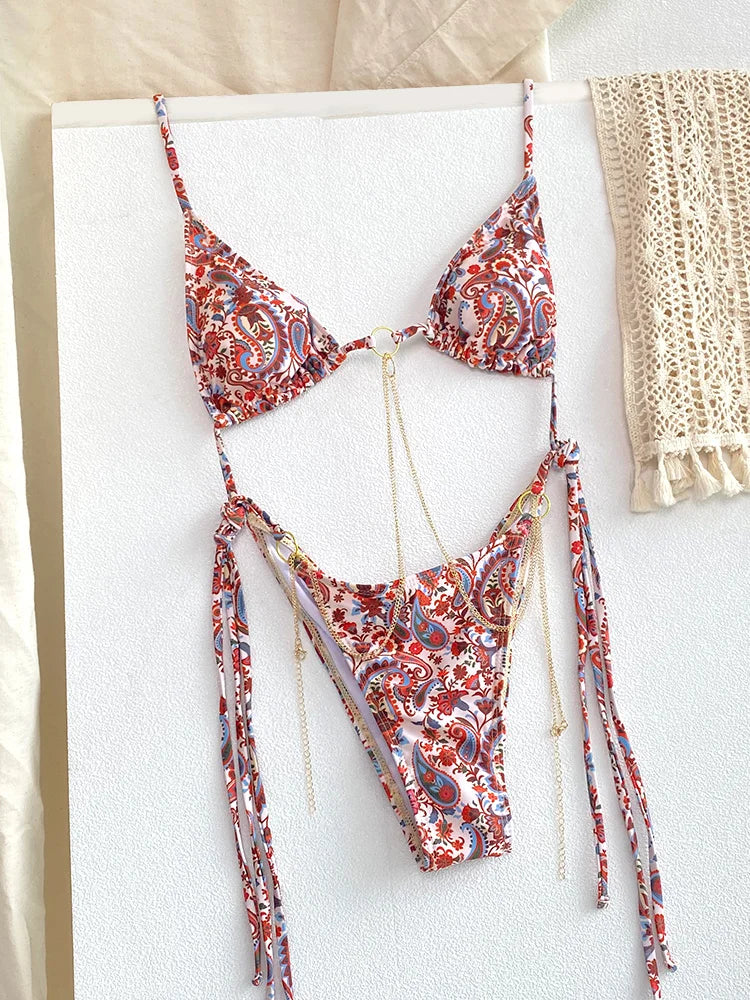 Sexy Triangle Chains Bikini Sets Micro Thongs Swimsuit Women Bathing Suit Biquini Bandage Beachwear Print Swimwear Thong Bikini - Sun Studio