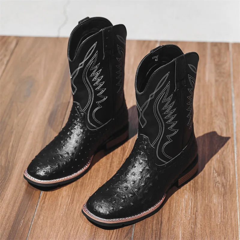 Men's Classic Retro Western Cowboy Boots Embossed Leather Mens Fashion Embroidery Mid-Calf Boot High top Casual Shoes for Men - Sun Studio