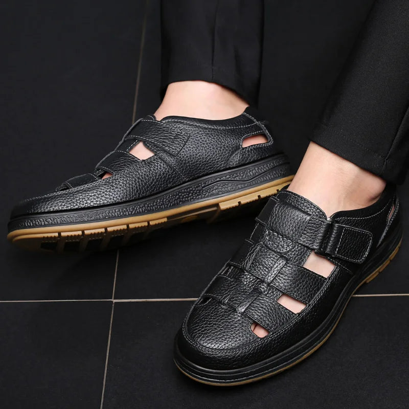 Classic High Quality Leather Business Sandals Summer Outdoor Hiking Shoes Handmade Sandals Fashion Comfortable Men Beach Shoes - Sun Studio