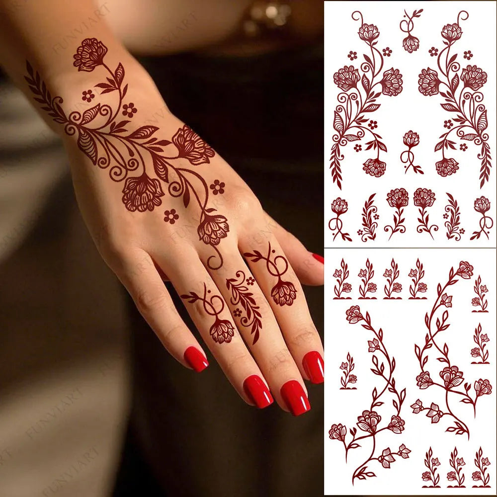 Waterproof Flower Hand Tattoo for Women Maroon Henna Tattoo Stickers for Hand Fingers Body Art Disposable Fake Tattoo Festival - Sun Studio