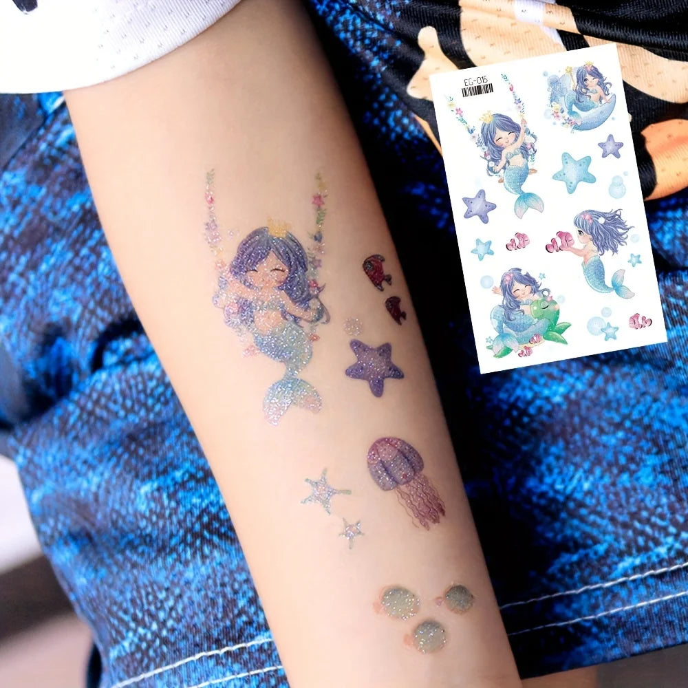 12 Sheets Glitter Mermaid Tattoo Stickers For Kids Cute Unicorn Temporary Tattoos Body Art Fake Tattoo Birthday Party Favors - Sun Studio
