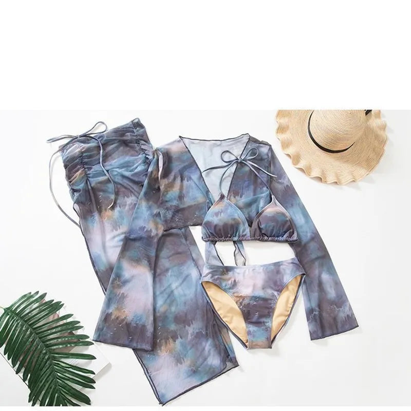 sexy Korean fashion tie dye print swimsuit 4pcs autumn long flare sleeve cover top with long split skirt bikinis padded swimwear - Sun Studio