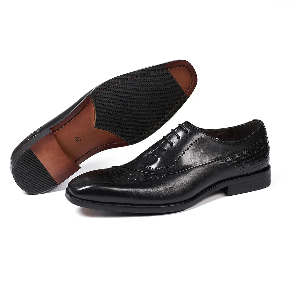 Men's Genuine Leather Oxfords Fashion Pointed Toe Wedding Party Dress Shoes Luxury Lace-Up Office Career Formal - Sun Studio