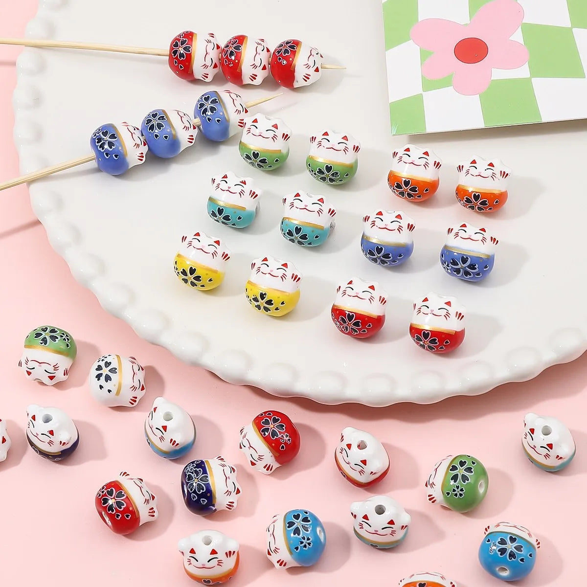 10Pcs 13X14MM Chinese Cute Animal Lucky Cat Vertical Hole Ceramic Beads For Home Decor DIY Accessories Hand-knitted Bracelet - Sun Studio