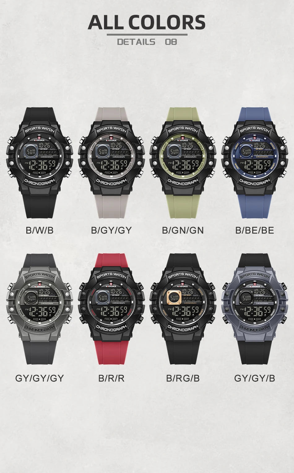 NAVIFORCE Men's Watches Multifunctional Gas phase Digital Display Silicone Strap Screen Boy's Electronic Sports Male Clock Gift - Sun Studio