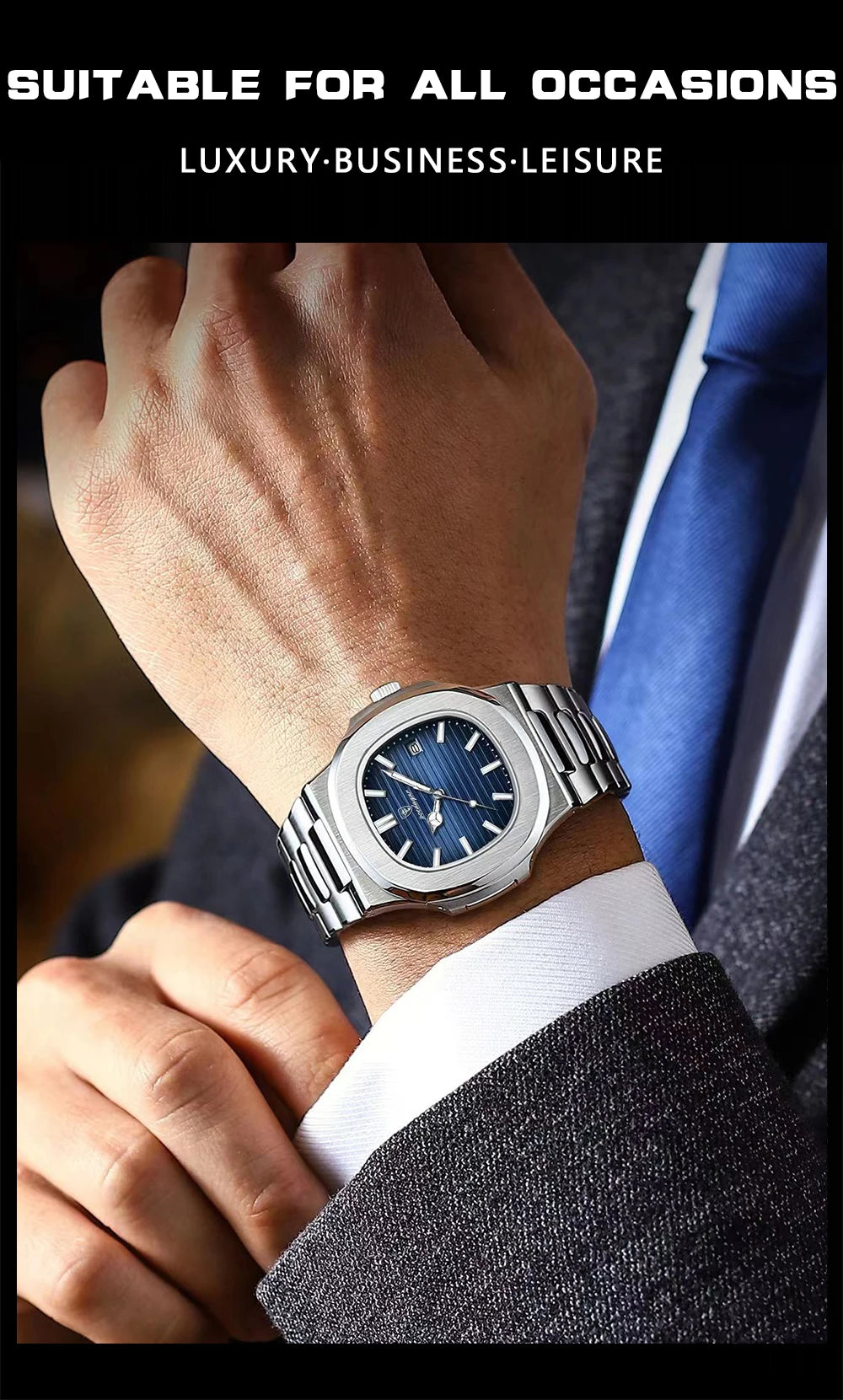 POEDAGAR Square Luxury Men Wristwatch Waterproof Luminous Date Stainless Steel Male Clock Business Sports Quartz Watches For Men - Sun Studio