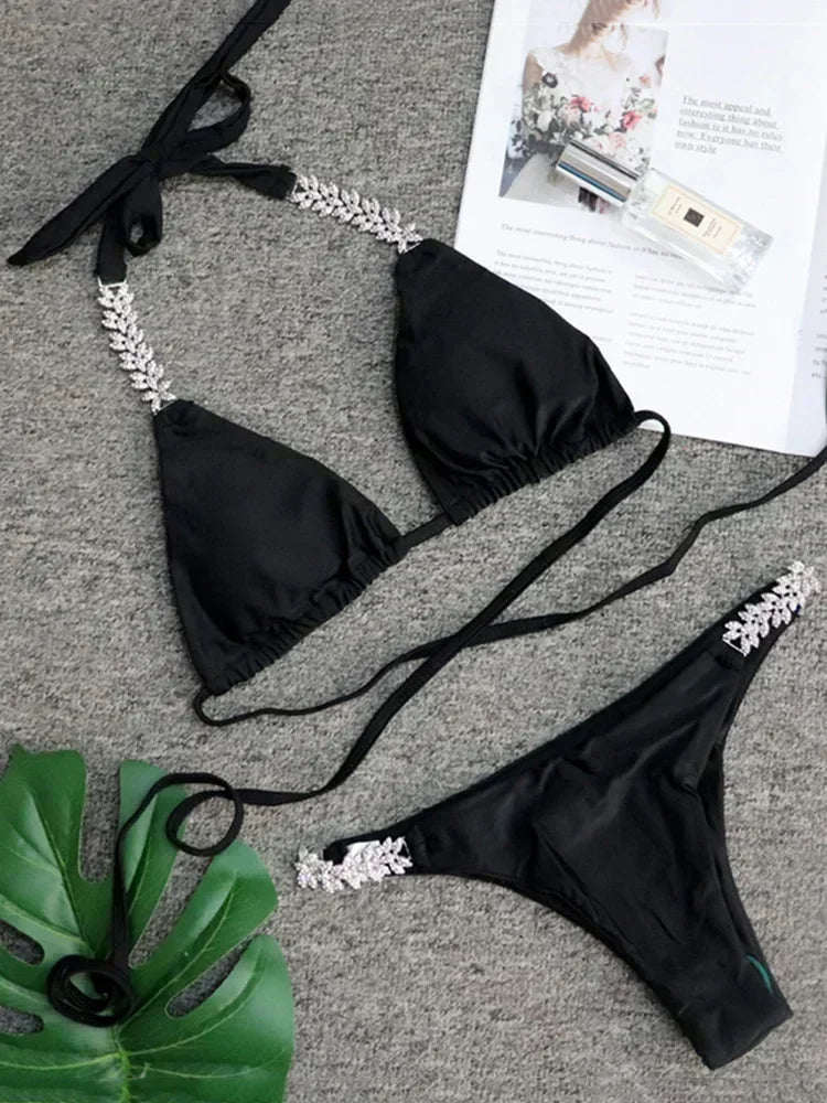 Halter Rhinestone Diamond Bikini Women Swimsuit Female Bikinis Metal Chain Swimwear Two Pieces Bikini Set Bathing Suit Swim Lady - Sun Studio