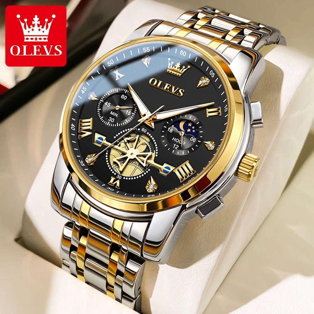 OLEVS Herrenuhren Klassisches Multifunktionales Schwungrad-Design Edelstahl Wasserdicht Mondphasen Herrenarmbanduhren 2024 Trend