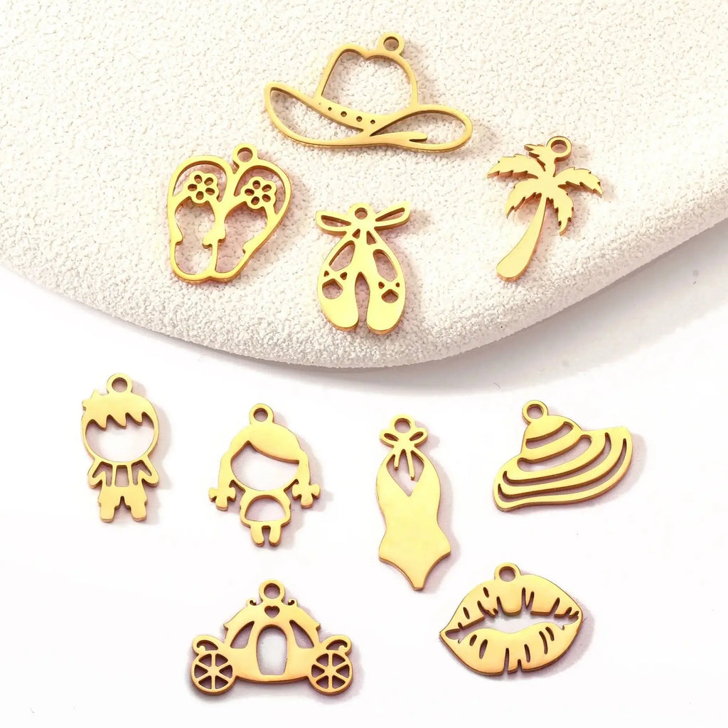 5Pcs Summer Hat/Lip Kiss/Swimsuit/Airplane Travel Charm  Stainless Steel Jewelry Making Craft DIY Bracelets Necklace Accessories - Sun Studio