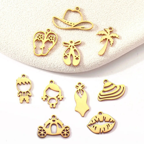 5Pcs Summer Hat/Lip Kiss/Swimsuit/Airplane Travel Charm  Stainless Steel Jewelry Making Craft DIY Bracelets Necklace Accessories - Sun Studio