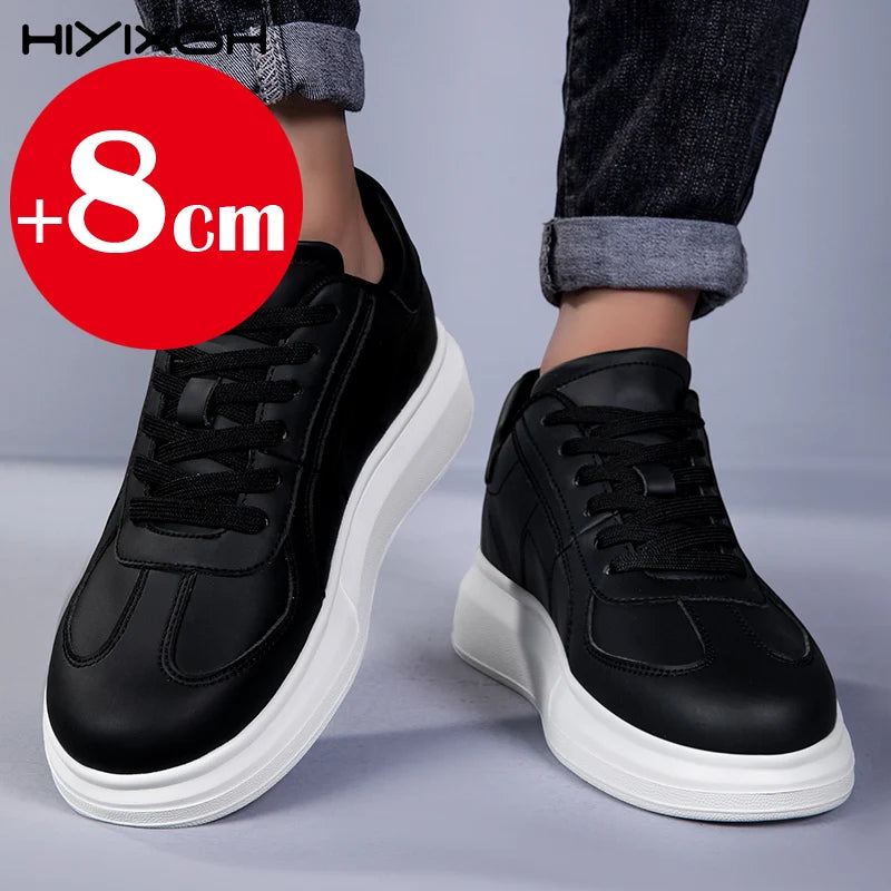 New men's leather elevator shoes 6 cm 8 cm invisible height increase white black sneakers leather height increase casual shoes - Sun Studio