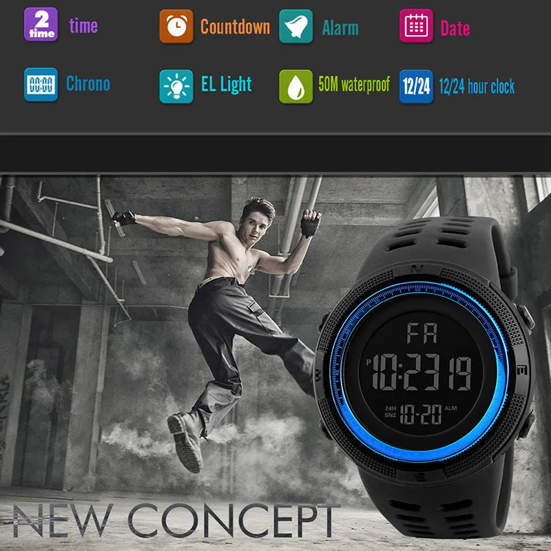 YIKAZE Men's Digital Electronic Watch Sports Glow 50mm Large Dial Student Outdoor Adventure Trend Multifunctional Watches Clock - Sun Studio