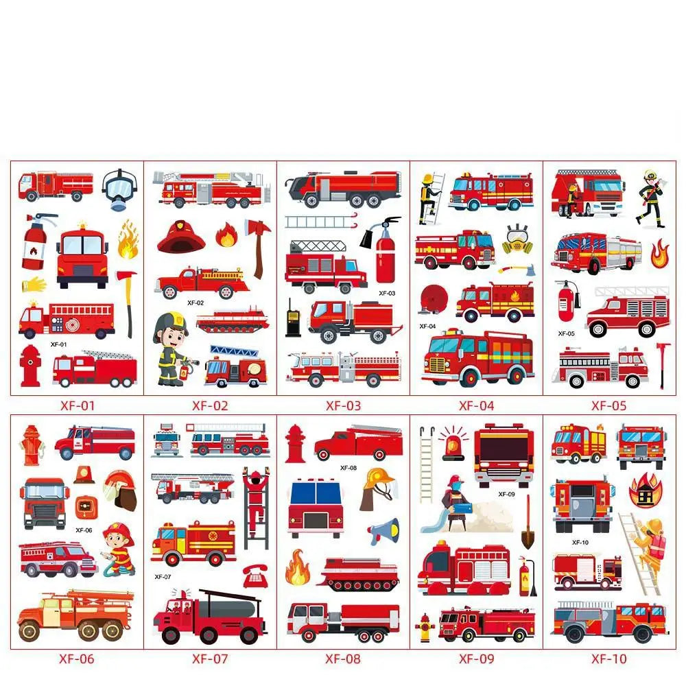 10pcs Cartoon Fire Truck Garbage Truck Temporary Tattoos Sticker Police Tattoos For Girls Boys Birthday Party Supplies Stickers - Sun Studio