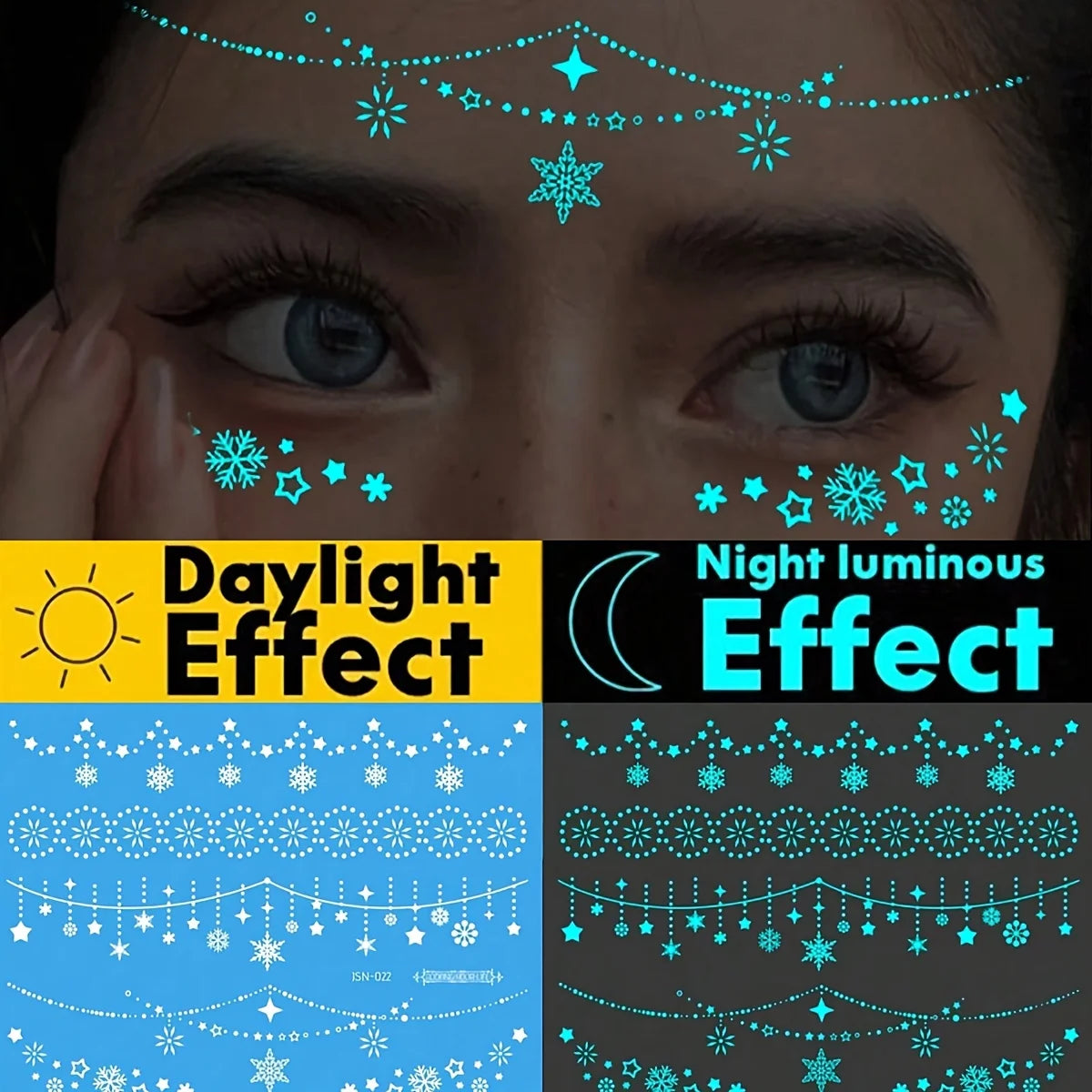 1pc Glow-In-The-Dark & White Ink Luminous Original Body Art Temporary Tattoo Sticker, Sparkling Star Eye Design - Sun Studio