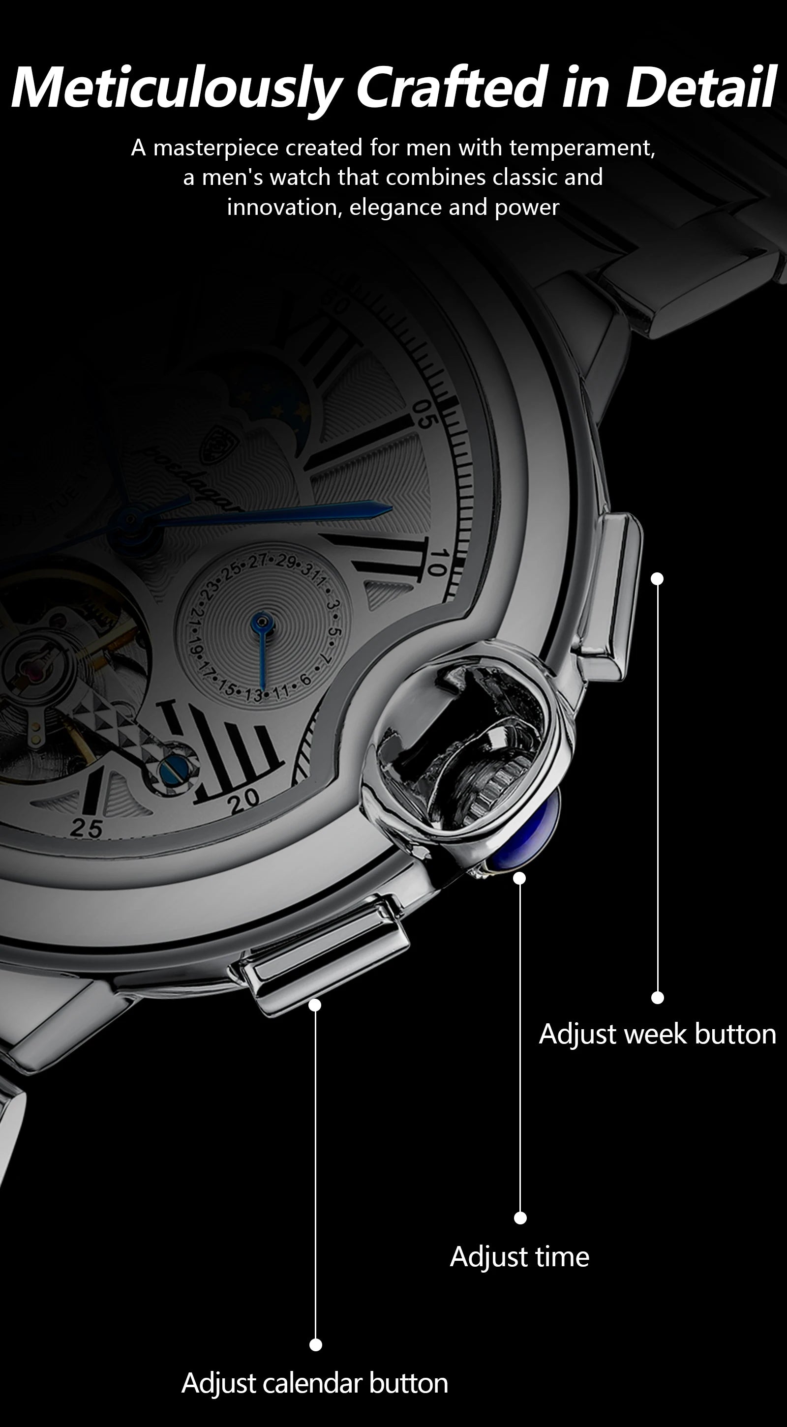 POEDAGAR Luxury Male Watch Business Date Week Stainless Steel Tourbillon Men Clock Waterproof Automatic Mechanical Men's Watches - Sun Studio