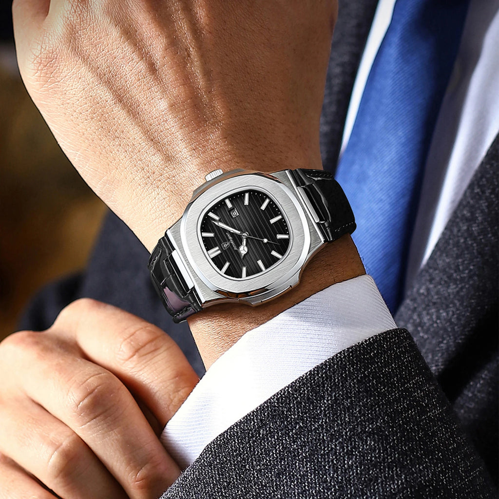 POEDAGAR Original Fashion Men's Wristwatch Date Waterproof Luminous Leather Watches For Men High Quality Square Quartz Man Watch - Sun Studio