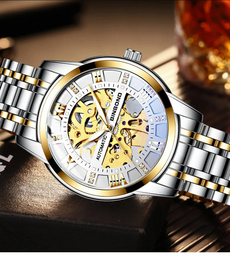 Bindond Mens Automatic Mechanical Watches Top Brand Luxury Stainless Steel Waterproof Hollow Male Wristwatches Relogio Masculino - Sun Studio