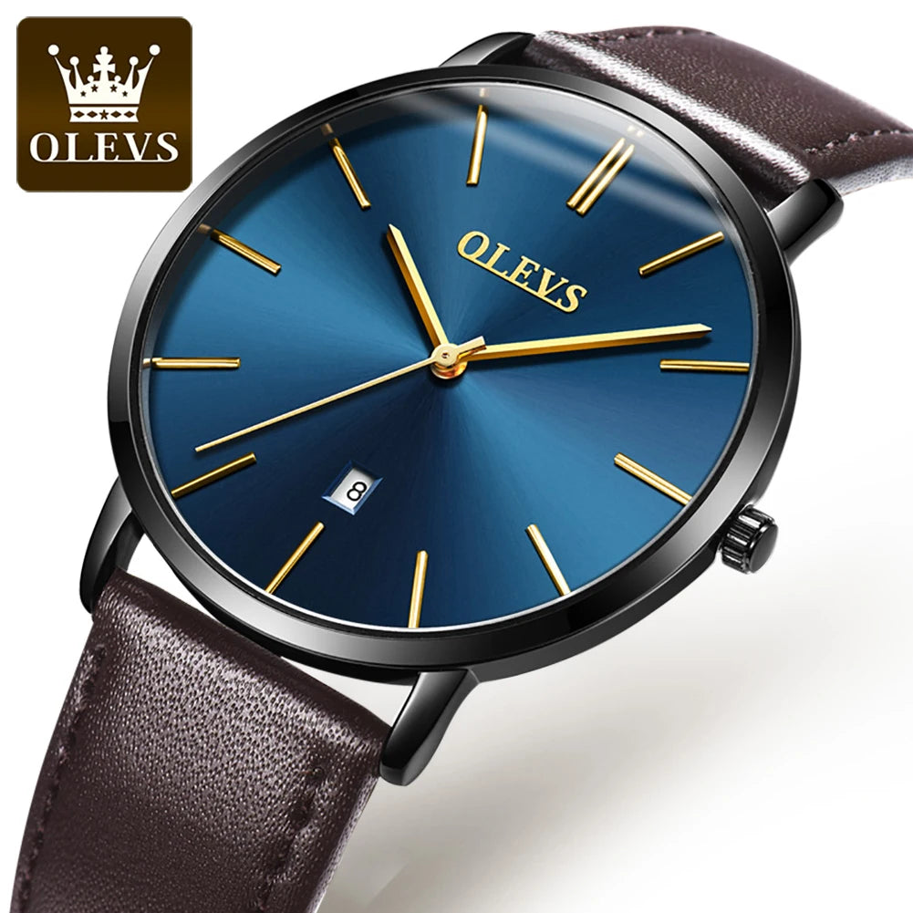 OLEVS 6.5mm Ultra Thin Quartz Watches Mens Top Brand Luxury Leather Waterproof Clock Male Classic Men Business Watch with Date - Sun Studio