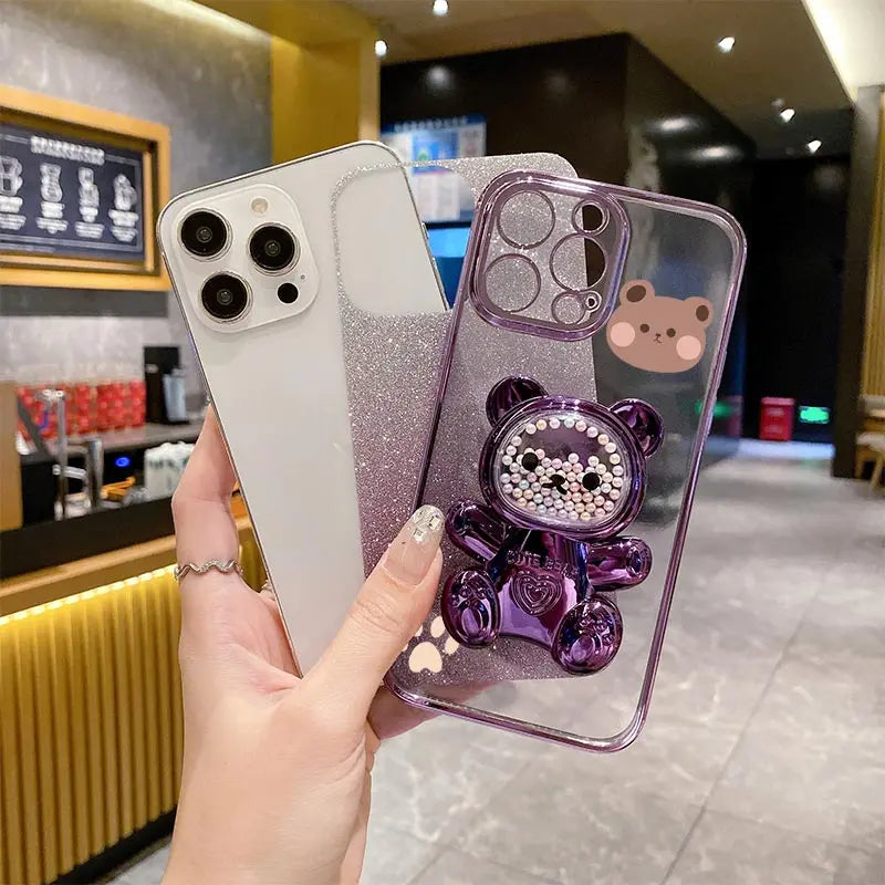 E 7 E 13 Glitter Bling Bear Phone Holder Case On For Motorola Moto E7 Plus Power E13 E20 E22 E22i E32 EDGE 20 30 Stand Cover - Sun Studio