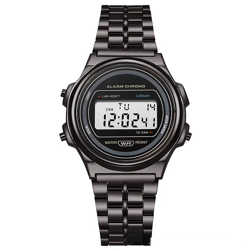 Women Casual LED Electronic Watch Man Retro Stainless Steel Watches for Women Unisex LED Digital Watch Multifunction Wristwatch - Sun Studio