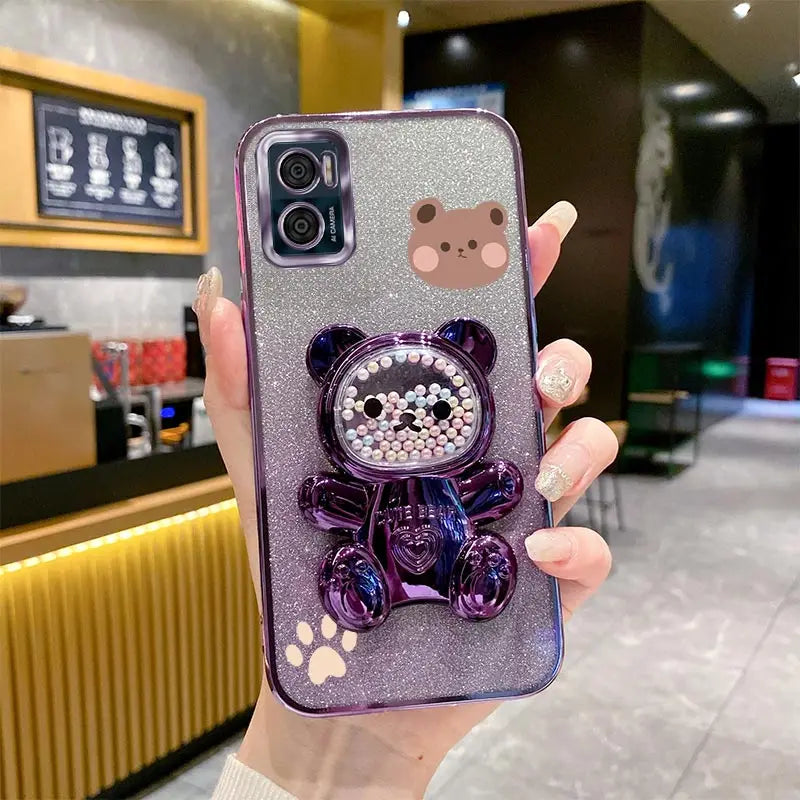 E 7 E 13 Glitter Bling Bear Phone Holder Case On For Motorola Moto E7 Plus Power E13 E20 E22 E22i E32 EDGE 20 30 Stand Cover - Sun Studio