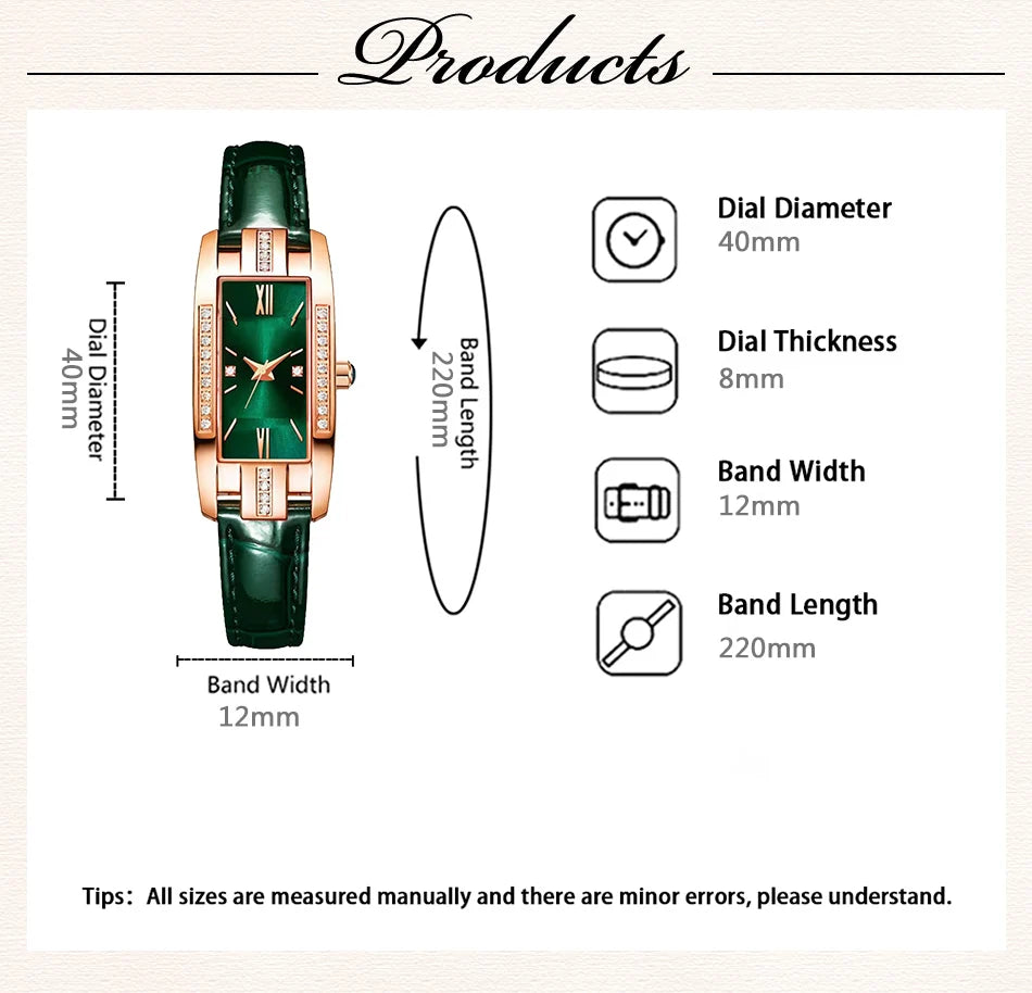 Womens Watches Fashion Square Ladies Quartz Watch Bracelet Set Green Dial Simple Leather Luxury Women Watches - Sun Studio