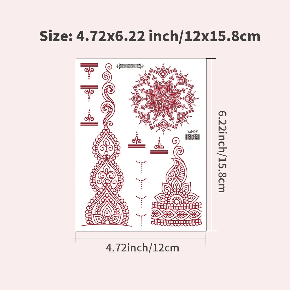 6 Sheets India Mehndi Design Brown Red Maroon Tattoo Stickers, Water Transfer Fake Henna Tattoos For Women Full Hand Tattoos - Sun Studio