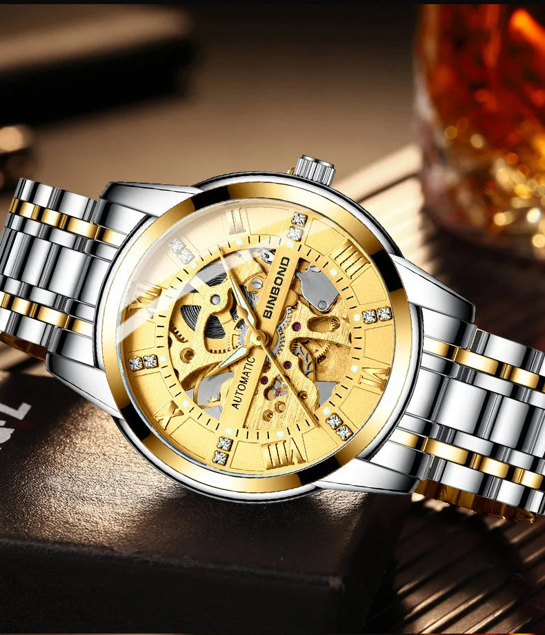 Bindond Mens Automatic Mechanical Watches Top Brand Luxury Stainless Steel Waterproof Hollow Male Wristwatches Relogio Masculino - Sun Studio