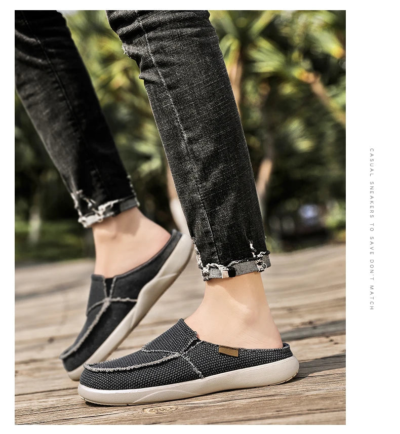 Casual Slip on Mens Shoes Outdoor Walking Comfortable Canvas Slippers Korean Trend Baotou Half Drag Slides Zapatillas Hombre - Sun Studio