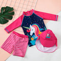 Girls Cute Cartoons Unicorns Split Swimsuit Set For 1-7Years Kids Long Sleeves Bathing Suit+Boxer Shorts+Hat Three-piece Set - Sun Studio