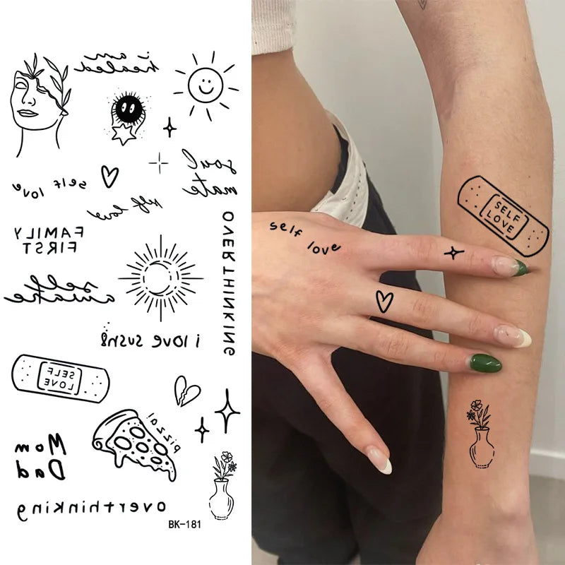 Schwarz Weiß Temporäre Transfer Tattoos Florale Schmetterlinge Schriftzüge Linienkunst Wasserfeste Körperaufkleber für Musikfestival Party