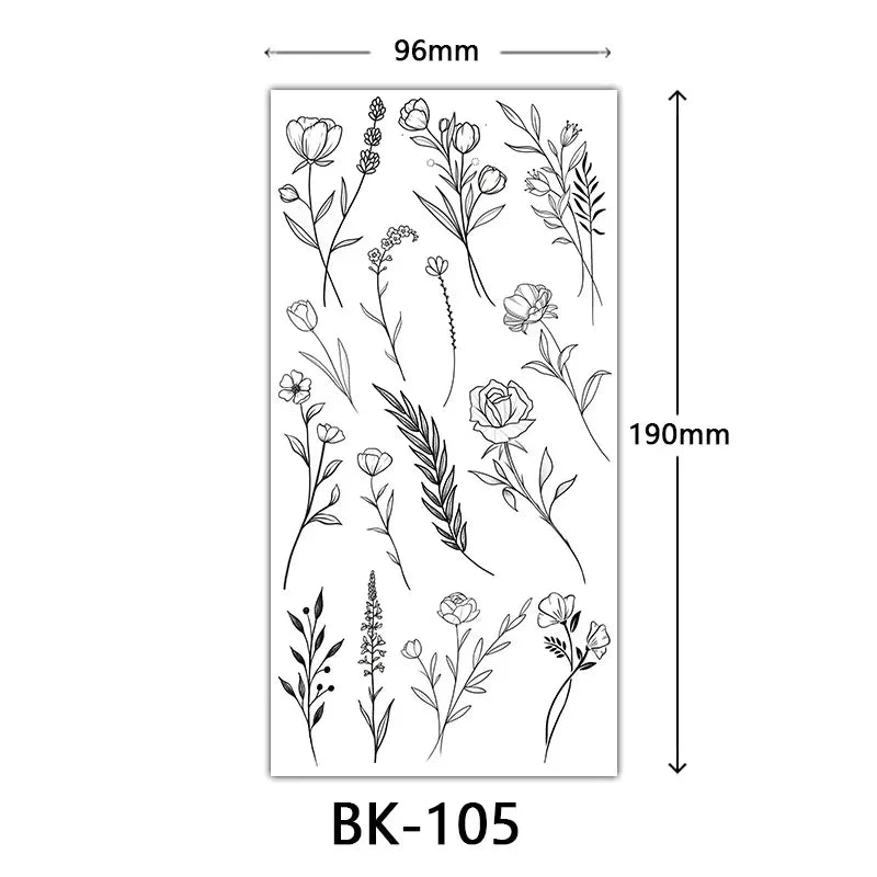 Rosenblüten-Tattoo Temporäres wasserdichtes Schmetterlings-Fake-Tattoo für Frauen Schwarzes Blumen-Skizzen-Tattoo-Aufkleber