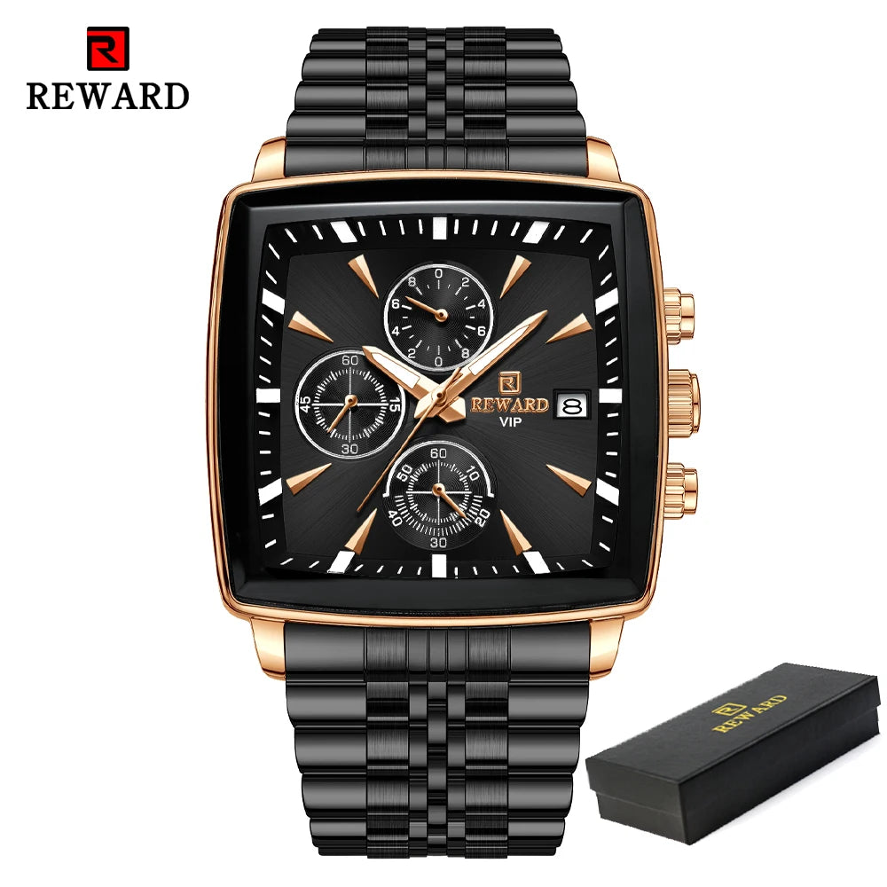 REWARD Fashion Square Dial Watch for Men Stainless Steel Waterproof Quartz Chronograph Mens Watches Luxury Sport Male Clock - Sun Studio