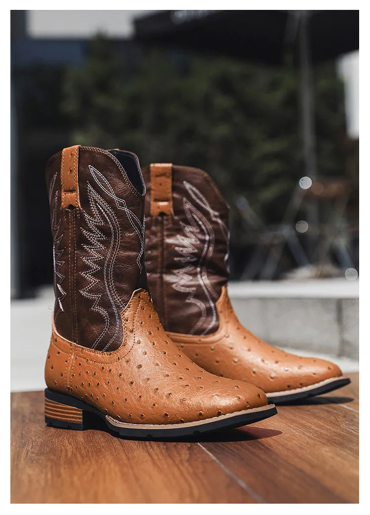 Men's Classic Retro Western Cowboy Boots Embossed Leather Mens Fashion Embroidery Mid-Calf Boot High top Casual Shoes for Men - Sun Studio